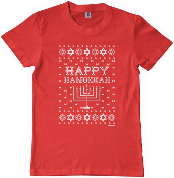 Threadrock Women's Happy Hanukkah Ugly Sweater T-shirt Hebrew 