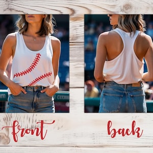 May include: White tank top with a red baseball stitch design on the front. The back of the tank top is plain white.