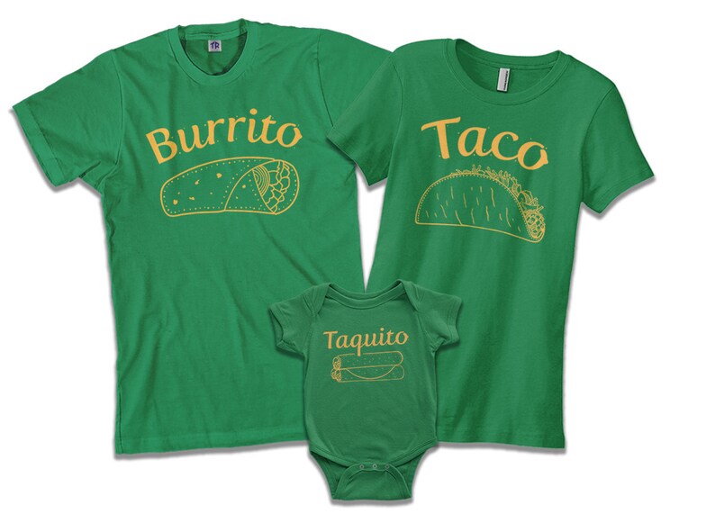 May include: Green t-shirts with the words "Burrito", "Taco", and "Taquito" in yellow text. The shirts feature illustrations of the food items.