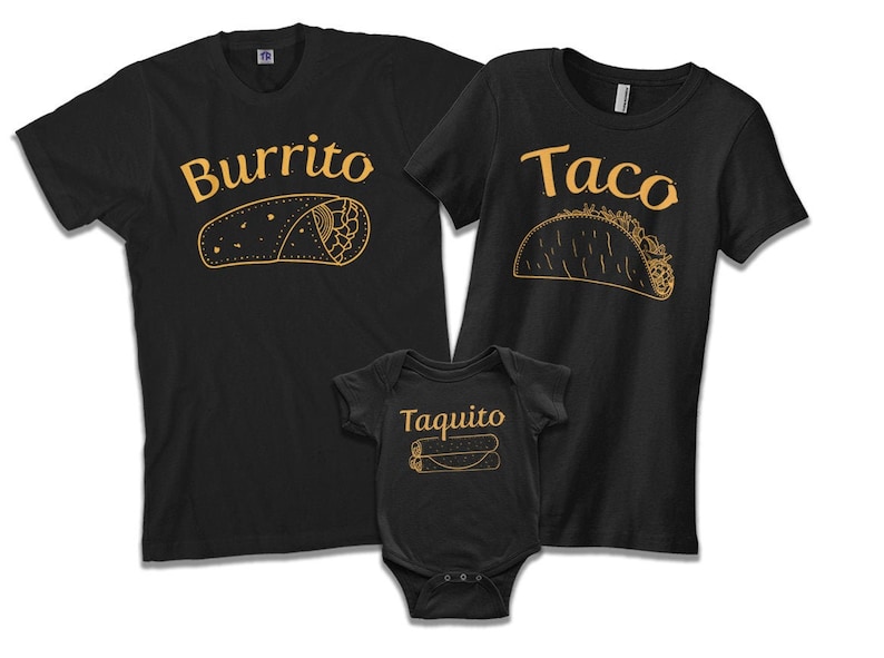 May include: A set of three black t-shirts with a gold graphic of a burrito, taco, and taquito. The shirts are a fun way to show your love for Mexican food.
