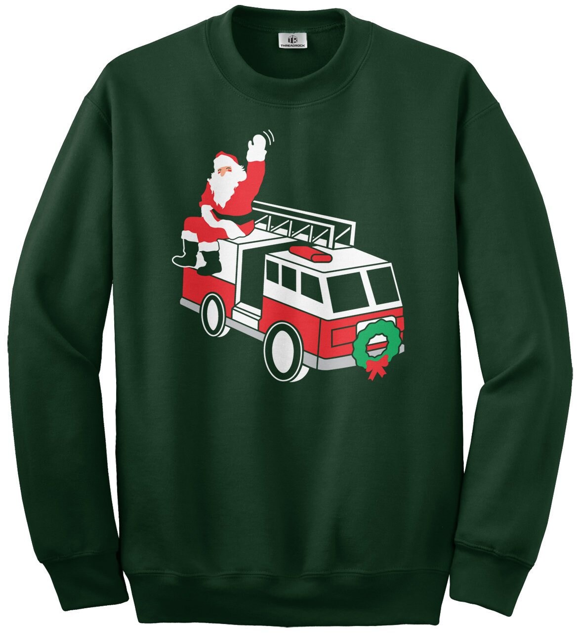 Threadrock Christmas Wreath Fire Truck with Waving Santa Claus Unisex Youth Sweatshirt