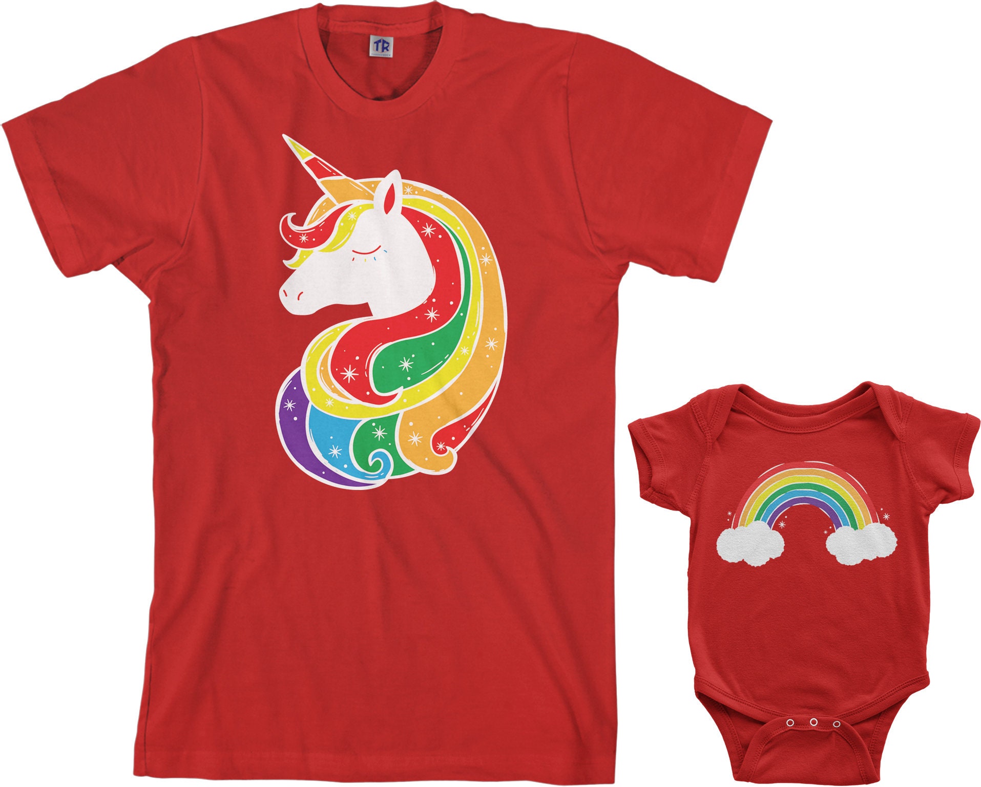 Discover Unicorn & Rainbow Men's T-shirt and Infant Bodysuit Dad and Baby Matching Set