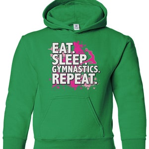 Eat Sleep Gymnastics Repeat Unisex Youth Pullover Hoodie Sweatshirt Kelly Green