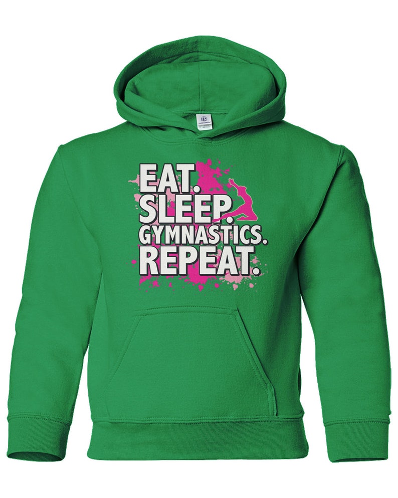 Eat Sleep Gymnastics Repeat Unisex Youth Pullover Hoodie Sweatshirt Kelly Green
