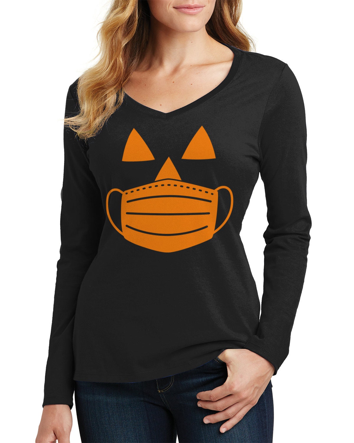 Discover Jack O' Lantern Pumpkin with Mask Halloween Costume - Women's Long Sleeve T-Shirt