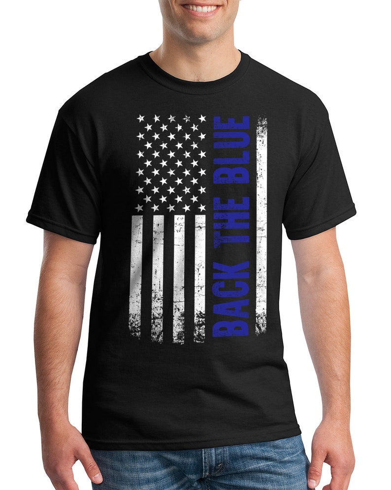 Back the Blue Thin Blue Line Police Officer American Flag - Men's Standard or Premium Short Sleeve T-Shirt Black