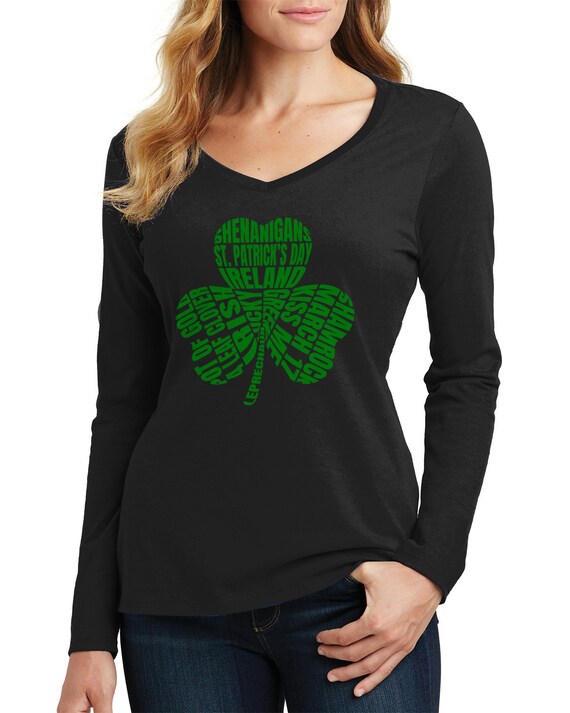 St Patricks Long Sleeve Shirts Women V Neck Raglan Sweatshirts Green Clover Print Graphic Tees Casual Dressy Blouses 