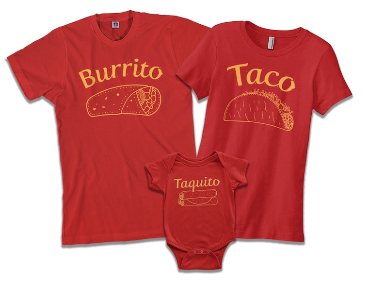 May include: Red t-shirts with the words "Burrito", "Taco", and "Taquito" in yellow text. The shirts feature illustrations of a burrito, taco, and taquito.