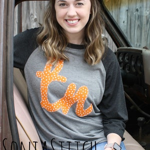 Tennessee Baseball Tee - tn applique - Raglan sleeve baseball t-shirt - cursive tn - orange and white polka dot fabric applique