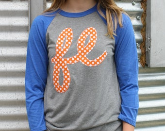 Florida Baseball Tee - fl applique - Raglan sleeve baseball t-shirt - cursive fl - orange polka dot fabric applique - Florida pride shirt