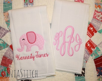 Baby girl burp cloths - Set of 2 - Pink Elephant burp cloth - Monogrammed burp cloth - Gift for baby girl