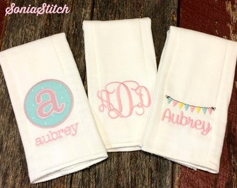 Personalized Embroidered Burp Cloth Set for Girl - Set of 3 - appliqued burp cloths