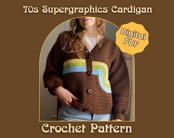 Cardigan au crochet - Cardigan Supergraphics des années 70 (téléchargement numérique) confortable d'inspiration rétro vintage des années 70