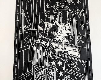 Spooky cat lino print on A3 cartridge paper