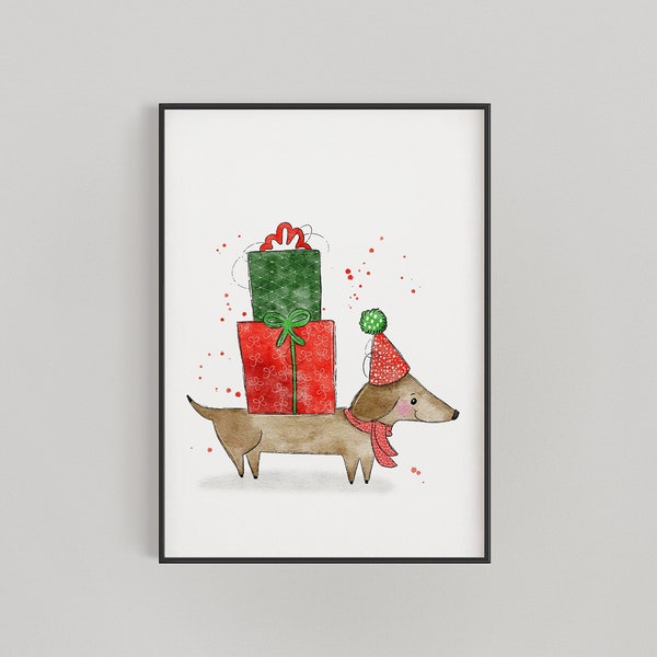 Christmas Dachshund Festive Dog Printable Wall Art. Home Decor. Wall Painting. Greeting Card