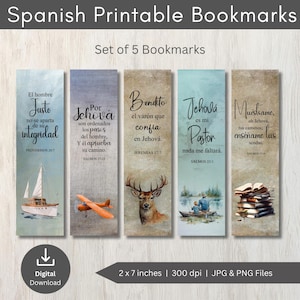 Zestaw 5 zakładek do książek z wersetami biblijnymi w języku hiszpańskim do druku, chrześcijańskie pisma święte w formacie PNG, zakładki do druku, zakładki w języku hiszpańskim, zakładki z wersetami biblijnymi
