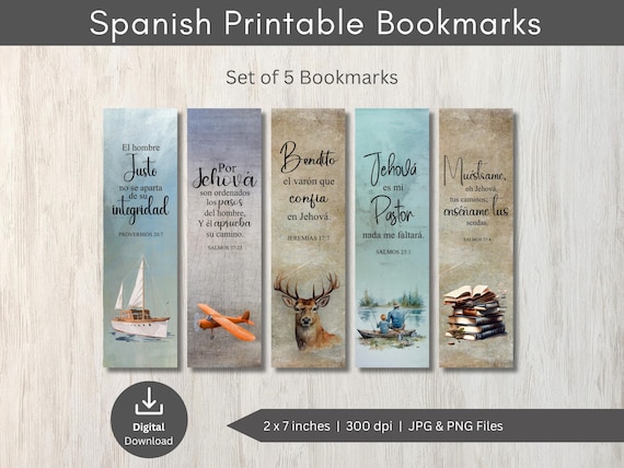 Set of 5 Spanish Bible Verse Printable Bookmarks, Christian Scripture PNGs, Printable Bookmarks, Spanish Bookmarks, Bible Verse Bookmarks