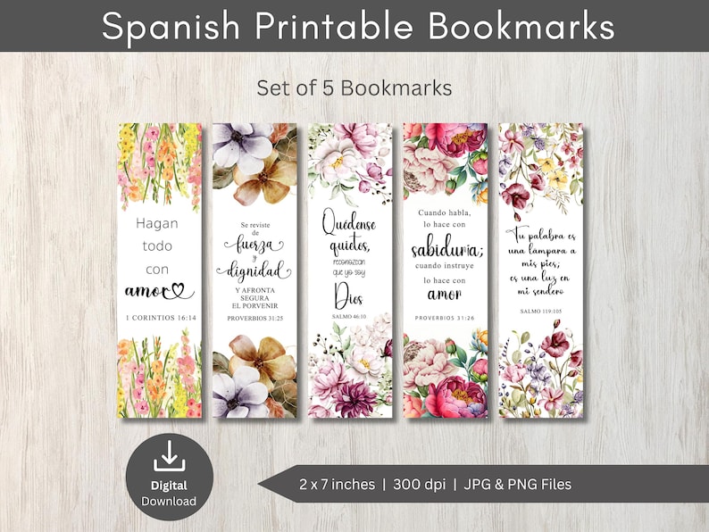 Spanish Bible Verse Bookmarks: Floral Christian PNG Set (Digital Download) image 1