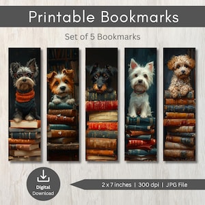 Printable Whimsical Dog Bookmarks, Dog Bookmarks Sheets, Book Lover Gift, Whimsical Dogs Digital Download Bookmarks, Bookmark Set