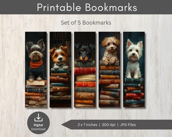 Marcadores de livros digitais com cachorros divertidos, folhas de marcadores de livros com desenhos de cachorros em técnica mista, marcadores de livros para imprimir.