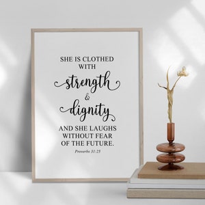She Is Clothed With Strength And Dignity, Scripture Print Proverbs 31:25, Printable Wall Art, Minimalist Wall Art, Christian Printable Art