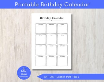 Calendário de Aniversários para Imprimir: Rastreador Perpétuo de Aniversários (Download Digital)