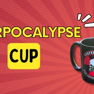 May include: Black ceramic mug with a white skull and crossbones graphic and the text "KORPOCALYPSE.COM" printed on it. The mug is on a red and white striped background with the text "KORPOCALYPSE CUP" in yellow.