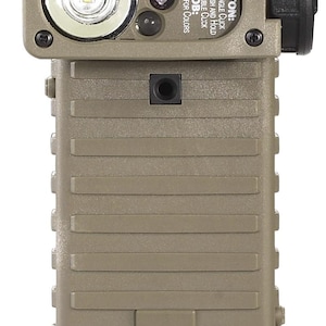 May include: A tan-colored flashlight with a black button and a knob. The button has the text "BUTTON: ON/OFF - SINGLE CLICK INTENSITY - PUSH AND HOLD FLASH - DOUBLE CLICK KNOB: PULL & TURN FOR COLORS".
