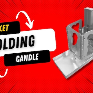 May include: A silver folding candle holder with the words "POCKET FOLDING CANDLE" on a red background with white polka dots.