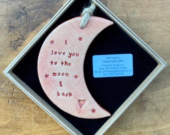 I love you to the moon and back ceramic gift handmade in Wales