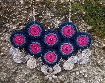 Gipsy Dreamcatcher Bohemian Dark Blue Purple Statment Geometry Circle Crochet Hippe Boho Dangle Circle Felt Traditional Unique Necklace