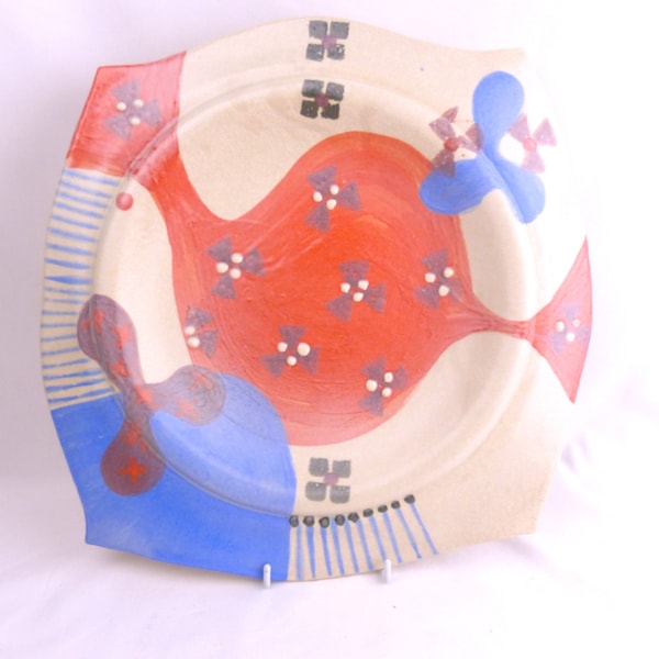 Vintage Post Modern Studio Pottery Plate. Signed Abstract Blue Red Motif Wall Art Hanging Display
