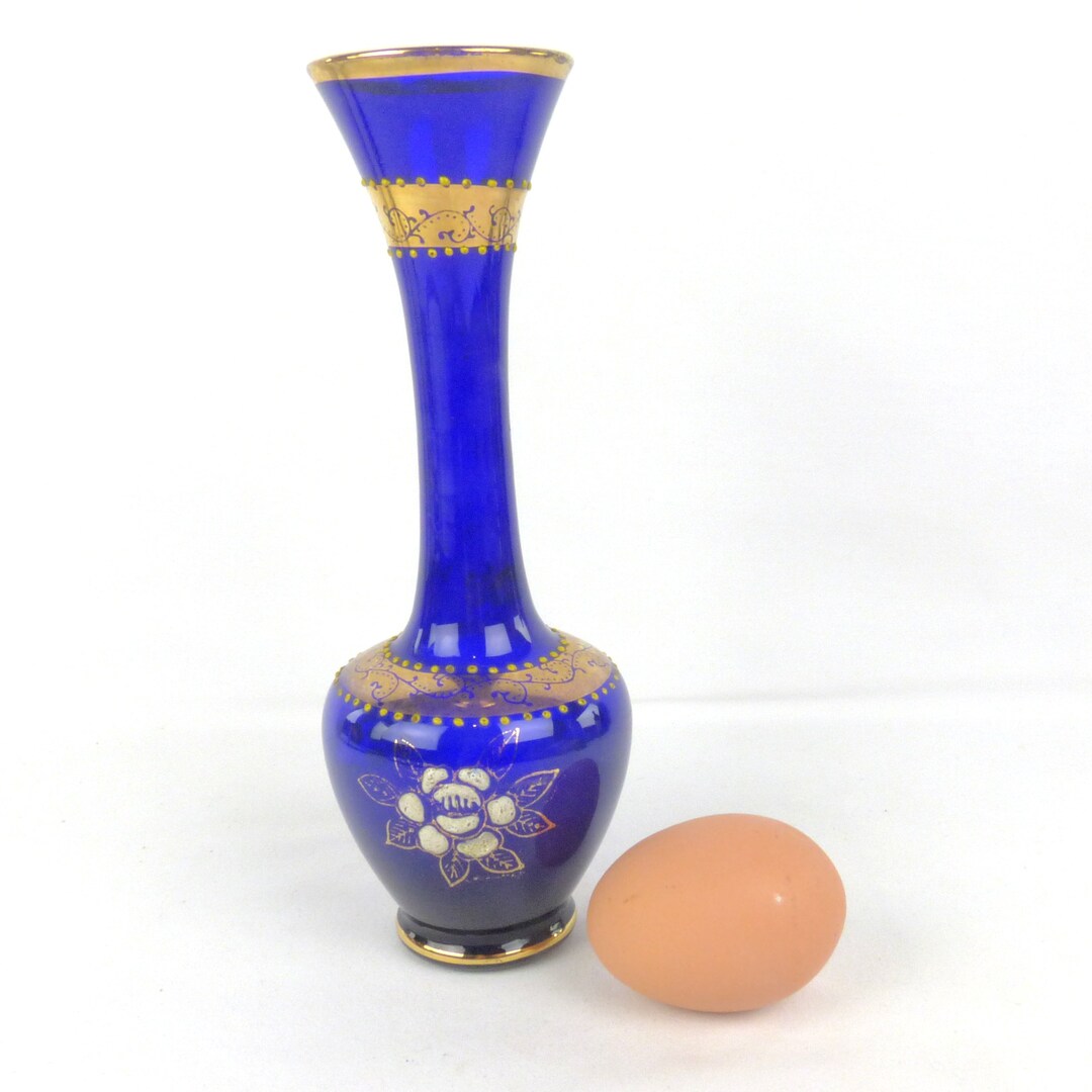 Vintage Murano Blue Glass Gold Overlay Vase 20 Cms 8 High. Floral
