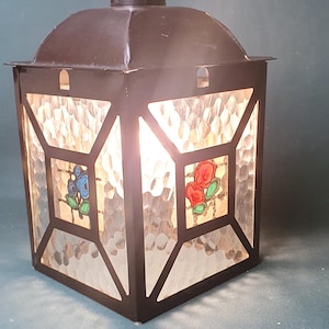 Art Deco glazen en metalen hangende verandalantaarn. Origineel uit de jaren 50