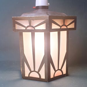 Art Deco Glass and Metal Pendant Porch Lantern with Sun Ray Pattern. Original 1930s