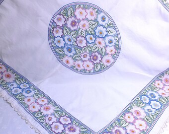 Art Deco Embroidered Tablecloth: Floral Cotton Linen Tea Table (115 x 105 cms)