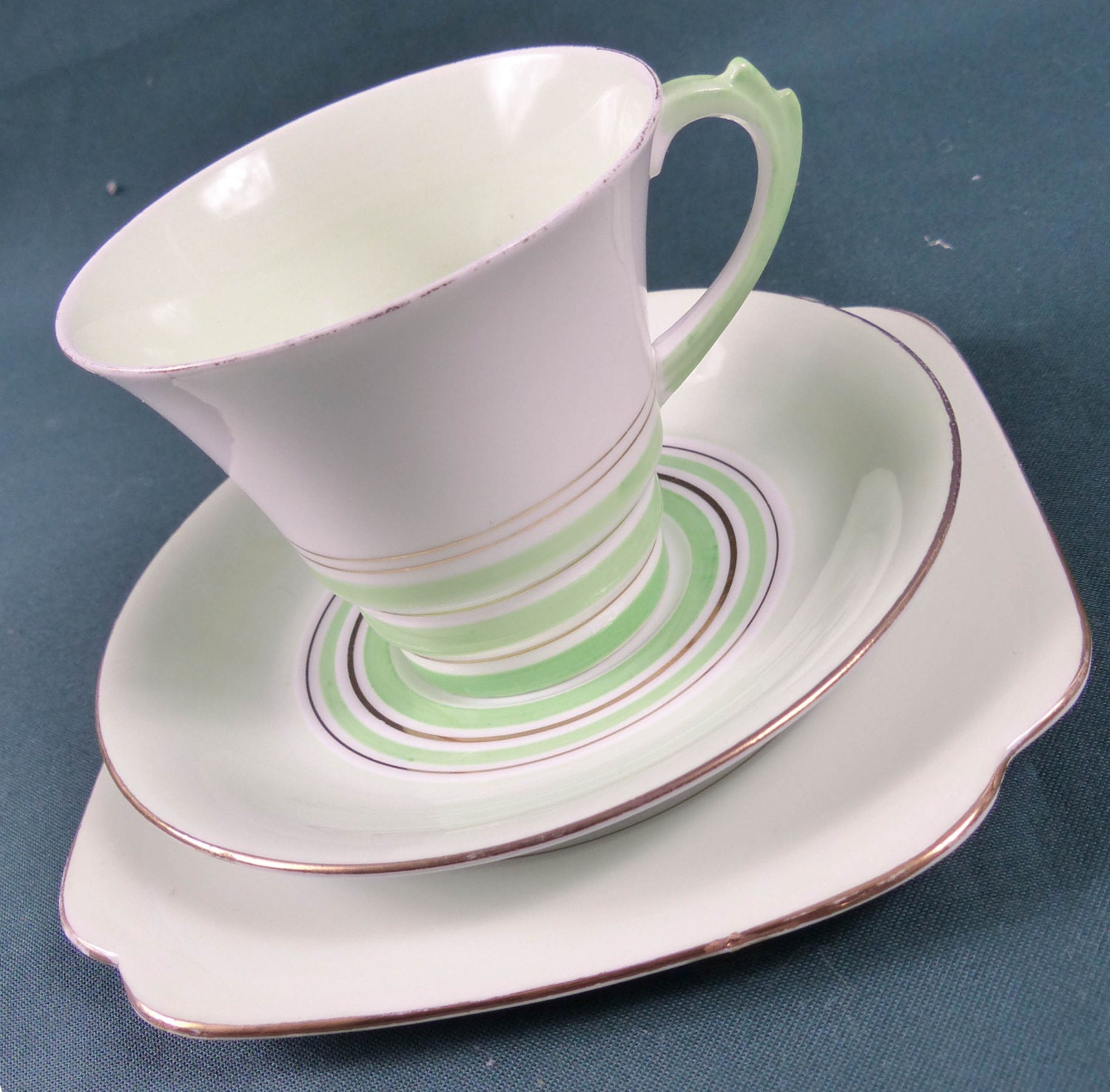 1940s Art Deco Roslyn Fine Bone China Tea Trio. Green With Etsy UK