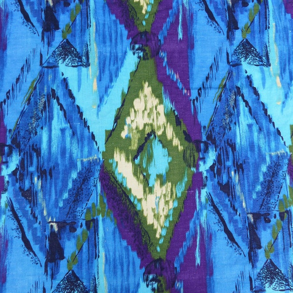 rideau en tissu d'écorce vintage. 121 x 164 cm (48 "x 65") Motif géométrique abstrait loufoque du milieu du siècle en turquoise, violet, vert. jaune années 50 60