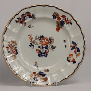 Masons Ironstone 9.5” 1830-48 antique plate. Scalloped and fluted edge. Butterflies & roses on white. Cobalt blue, terracotta Very Good Cond