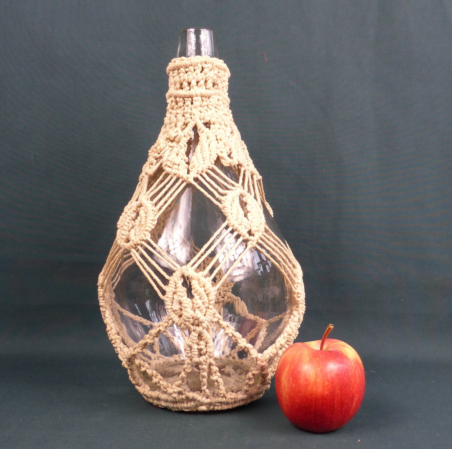 Vintage Macrame Covered Large Bottle - lamp base, decoration, decanter or vase 30 cms (12") tall Ex Condition