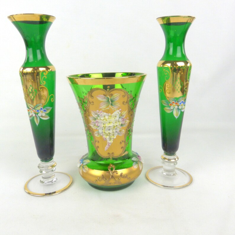 Vintage Murano Green Glass Gold Overlay Vase 14 Cms Etsy