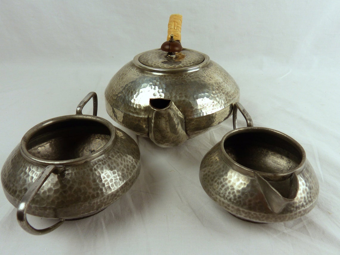 Antique Hammered Pewter Arts and Crafts Tea Set Civic Pewter Etsy Sweden
