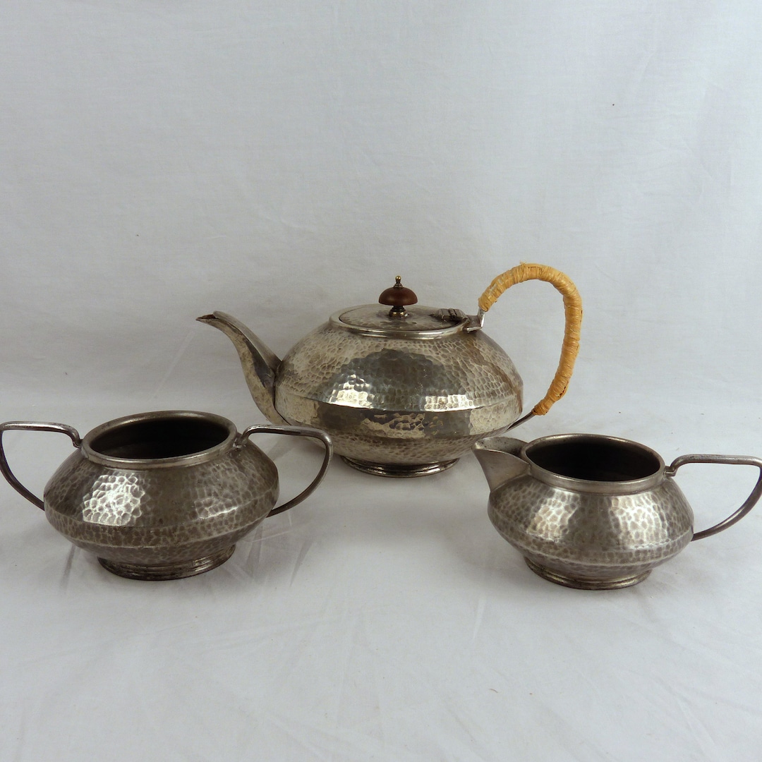 Antique Hammered Pewter Arts and Crafts Tea Set, Civic Pewter
