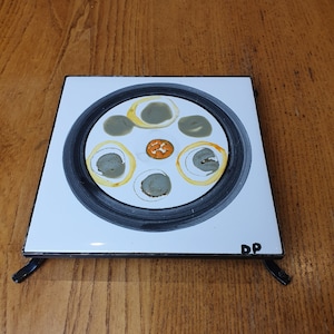 Mid century tile trivet on wrought iron base. Groovy kitchenware. Abstract geometric  1970s