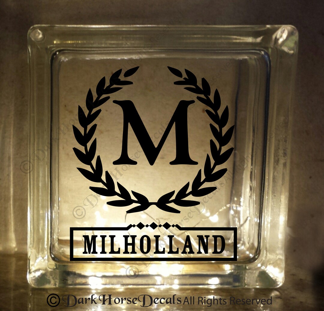 Laurel Wreath Monogram Personalized Decal for Glass Block / Vinyl Decal