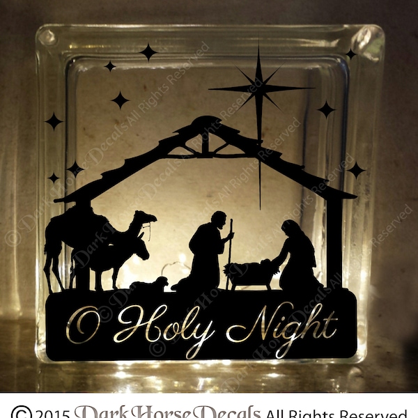 O Holy Night Nativity Scene Decorative Glass Block Decal / Vinyl  Inspirational Decal