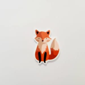 May include: A cartoon fox with an orange body, white chest, and black legs is sitting with its tail curled behind it.