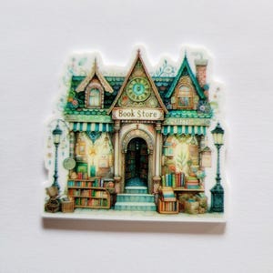 May include: A whimsical illustration of a green and brown book store with a clock tower, a sign that reads "Book Store", and shelves full of books.