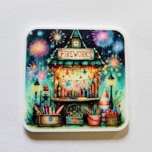 May include: A square image featuring a fireworks stand with a sign that reads "FIREWORKS". The stand is decorated with string lights and star-shaped ornaments. Colorful fireworks explode in the night sky. Various fireworks are displayed in wooden crates and buckets.
