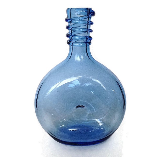 SALE! Rare La Mailloche Blue Art Glass, Signed Doughnut Bottle, Jean Vallieres, Quebec